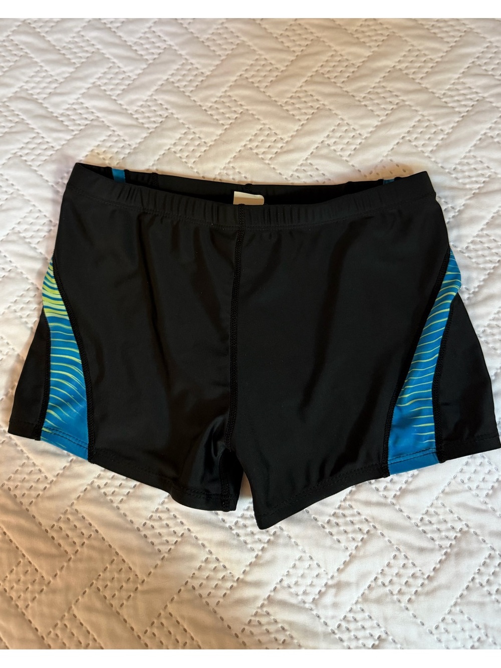 Diadora Black Shorty Swim Suit Trunks Boy Sz 12 Blue Accents Competitive Swim